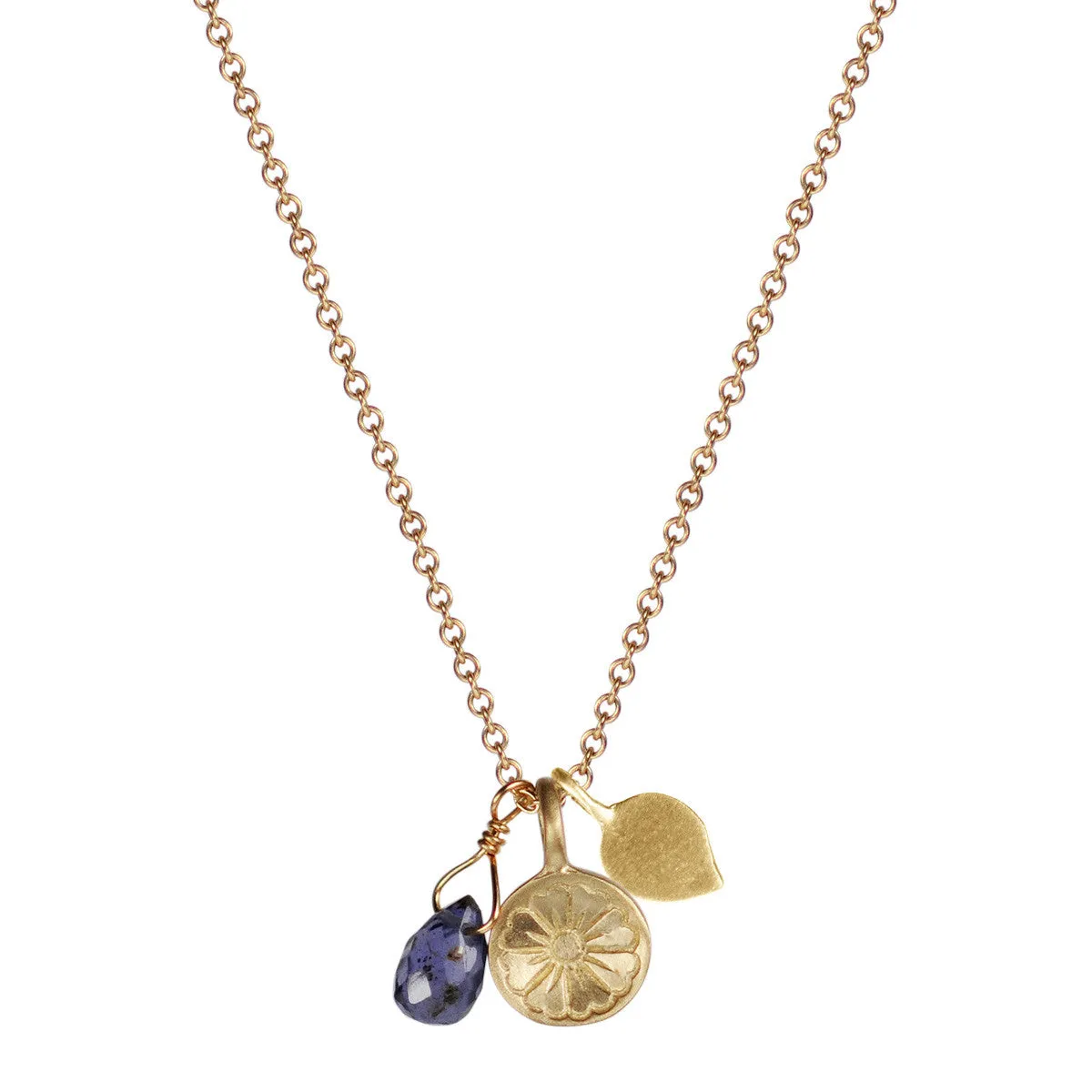 10K Gold Flower Trinket on Chain with Lotus Petal and Iolite Bead