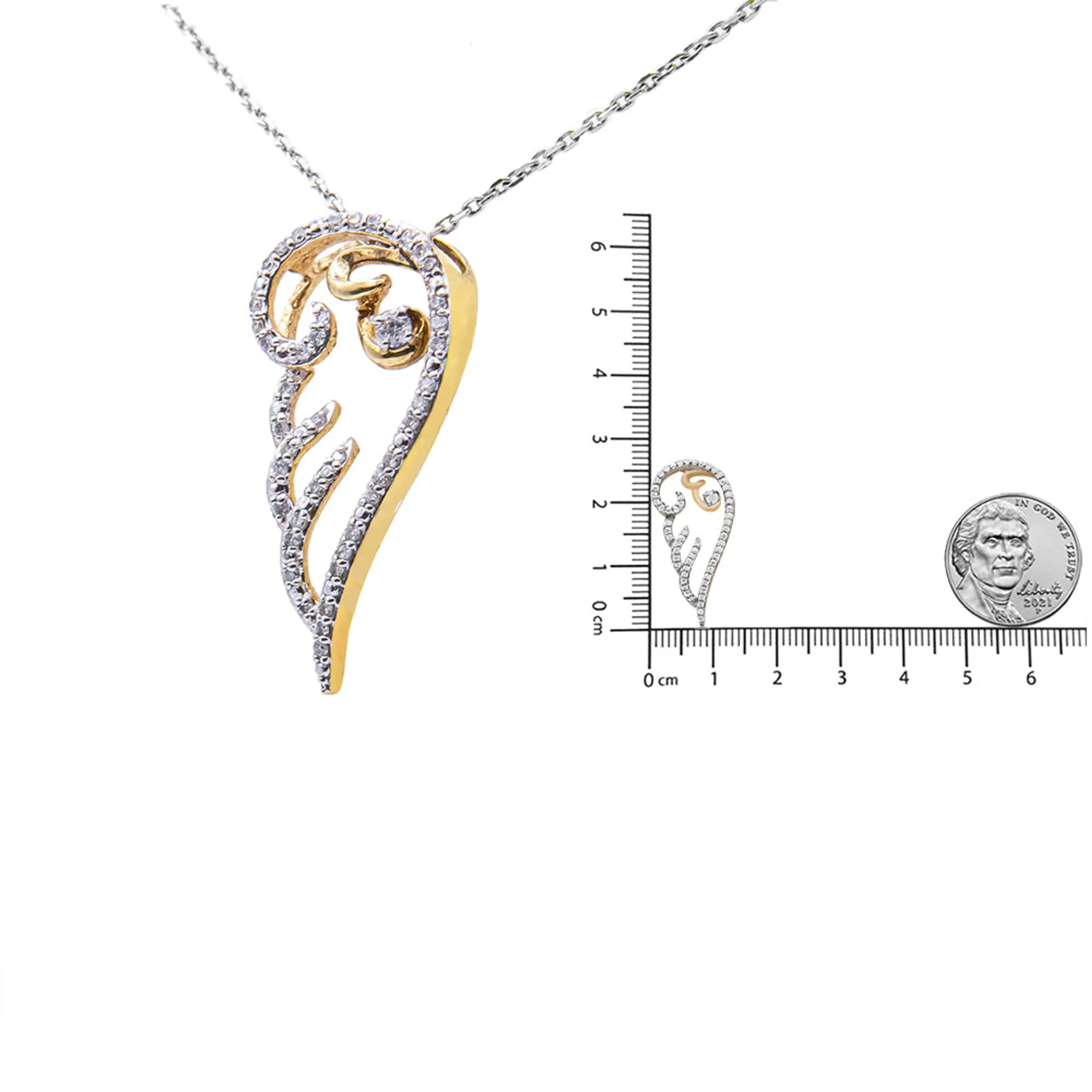 10K Yellow Gold over .925 Sterling Silver 1/4 Cttw Diamond Angel Wing 18" Pendant Necklace (H-I Color, I1-I2 Clarity)