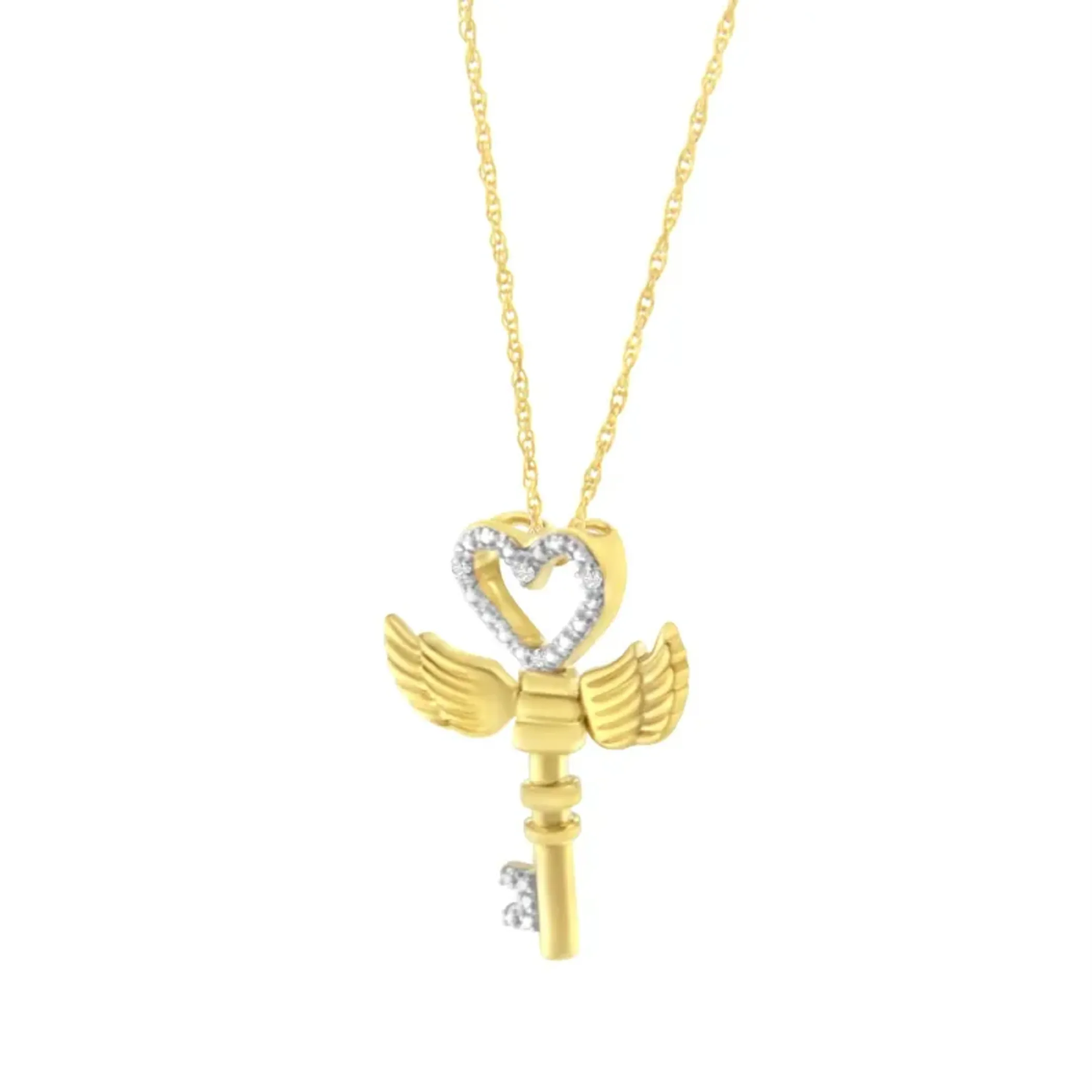 10K Yellow Gold over .925 Sterling Silver Diamond Accented Heart Angel Wing Key to Heaven 18" Rope Chain Pendant Necklace (H-I Color, I2-I3 Clarity)