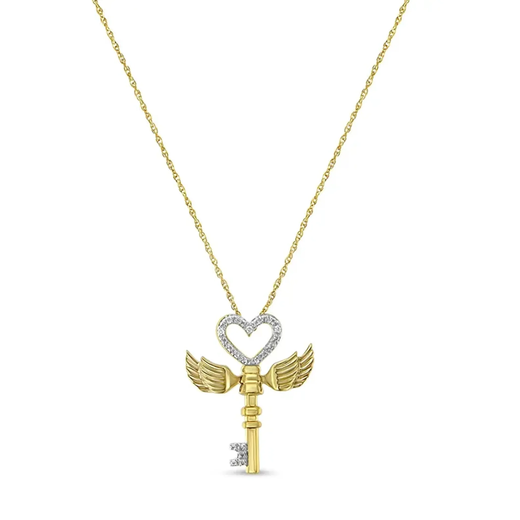 10K Yellow Gold over .925 Sterling Silver Diamond Accented Heart Angel Wing Key to Heaven 18" Rope Chain Pendant Necklace (H-I Color, I2-I3 Clarity)