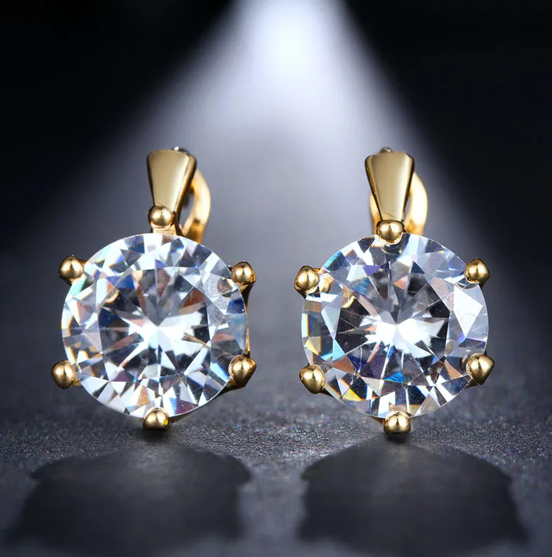 14K Gold Plated Daring Six Prong Large 6.8 Carat Zirconia Solitaire Earrings For Woman