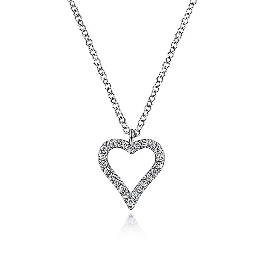 14K White Gold Pavé Diamond Open Heart Necklace