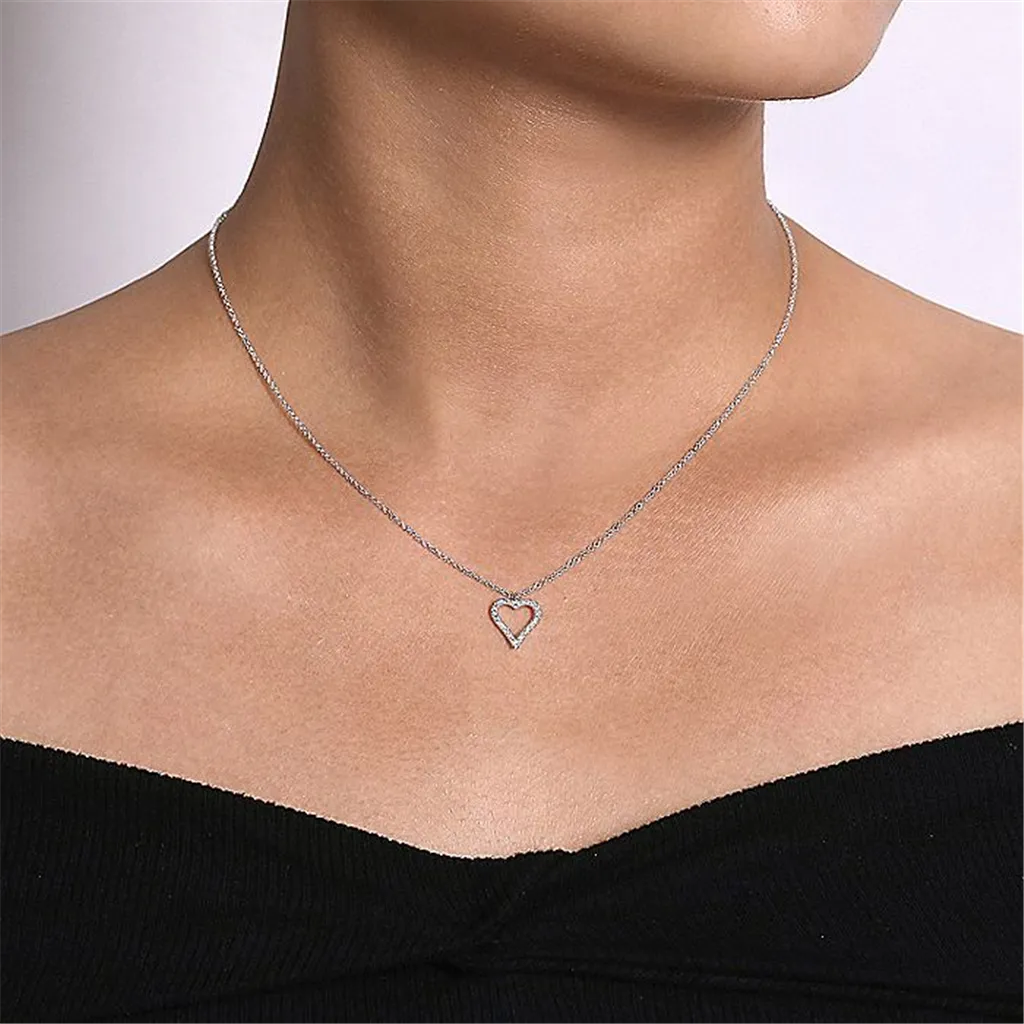 14K White Gold Pavé Diamond Open Heart Necklace