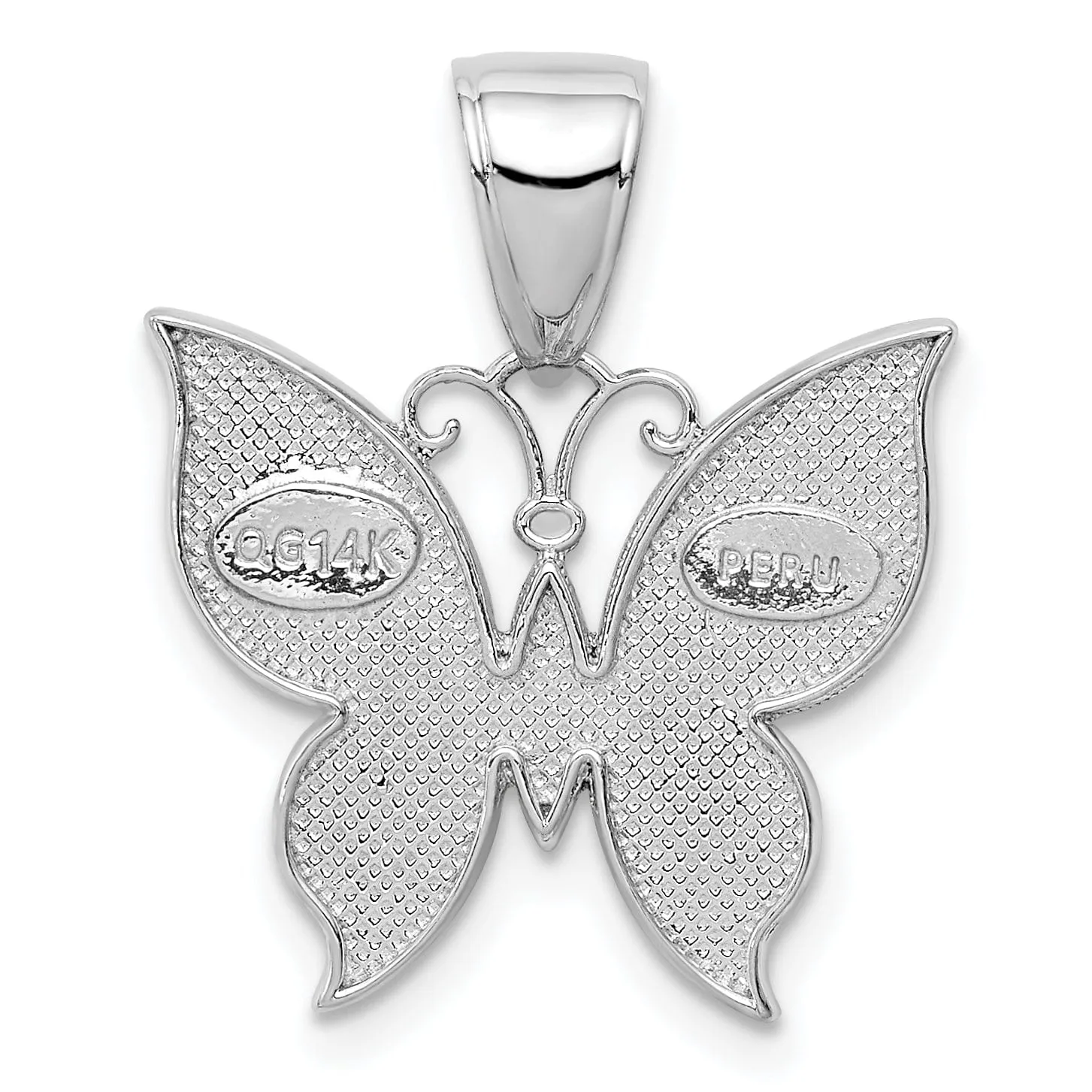 14K White Gold Textured Back Textured Solid Polished Finish Beaded Butterfly Charm Pendant