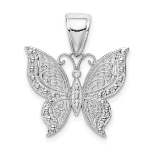 14K White Gold Textured Back Textured Solid Polished Finish Beaded Butterfly Charm Pendant