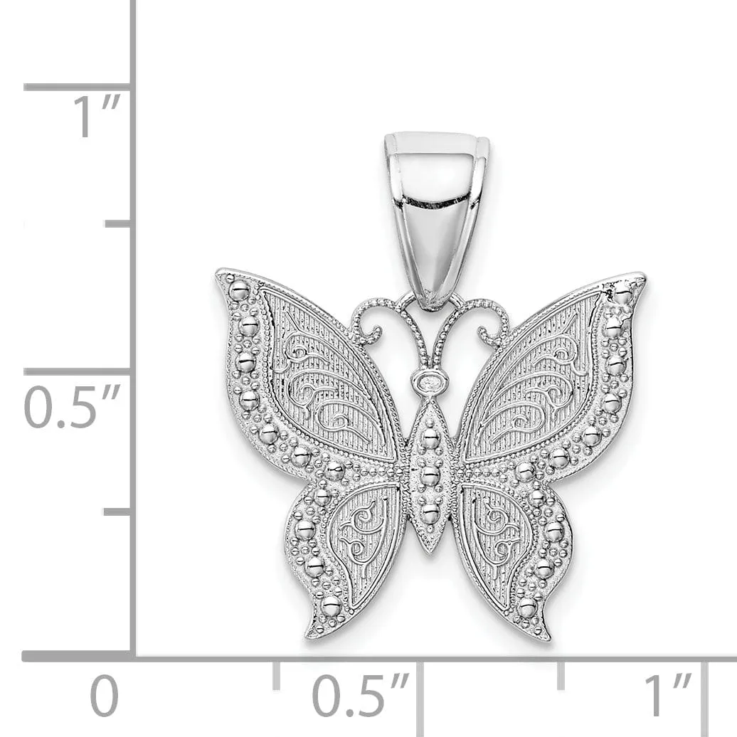 14K White Gold Textured Back Textured Solid Polished Finish Beaded Butterfly Charm Pendant