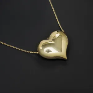 14k YELLOW GOLD HEART PENDANT NECKLACE PUFFY 21mm CLASSIC EVERYDAY SIMPLE GIFT