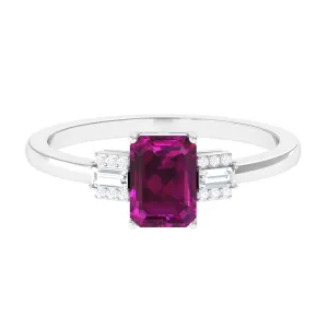 1.50 CT Emerald Cut Rhodolite Solitaire Ring with Diamond