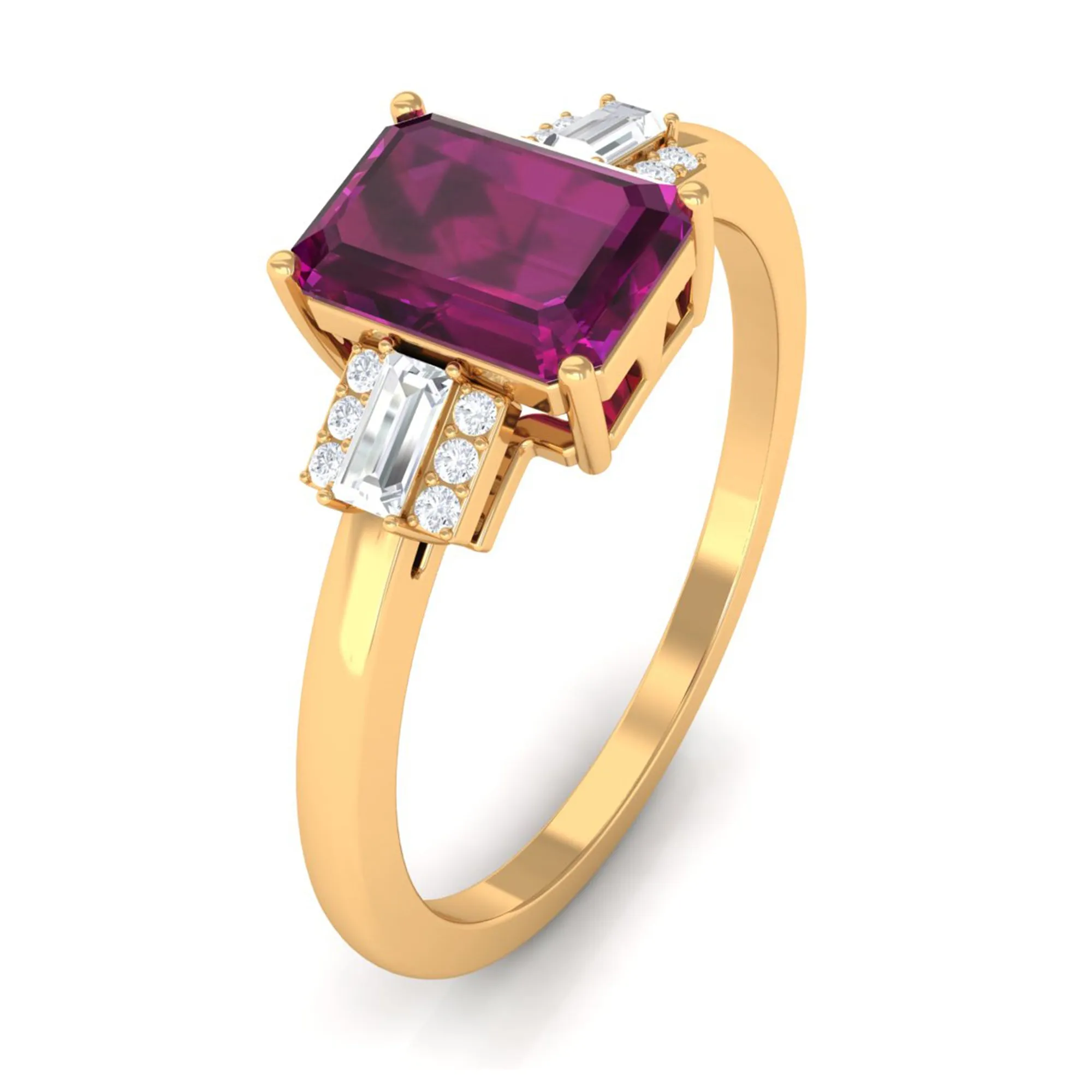 1.50 CT Emerald Cut Rhodolite Solitaire Ring with Diamond