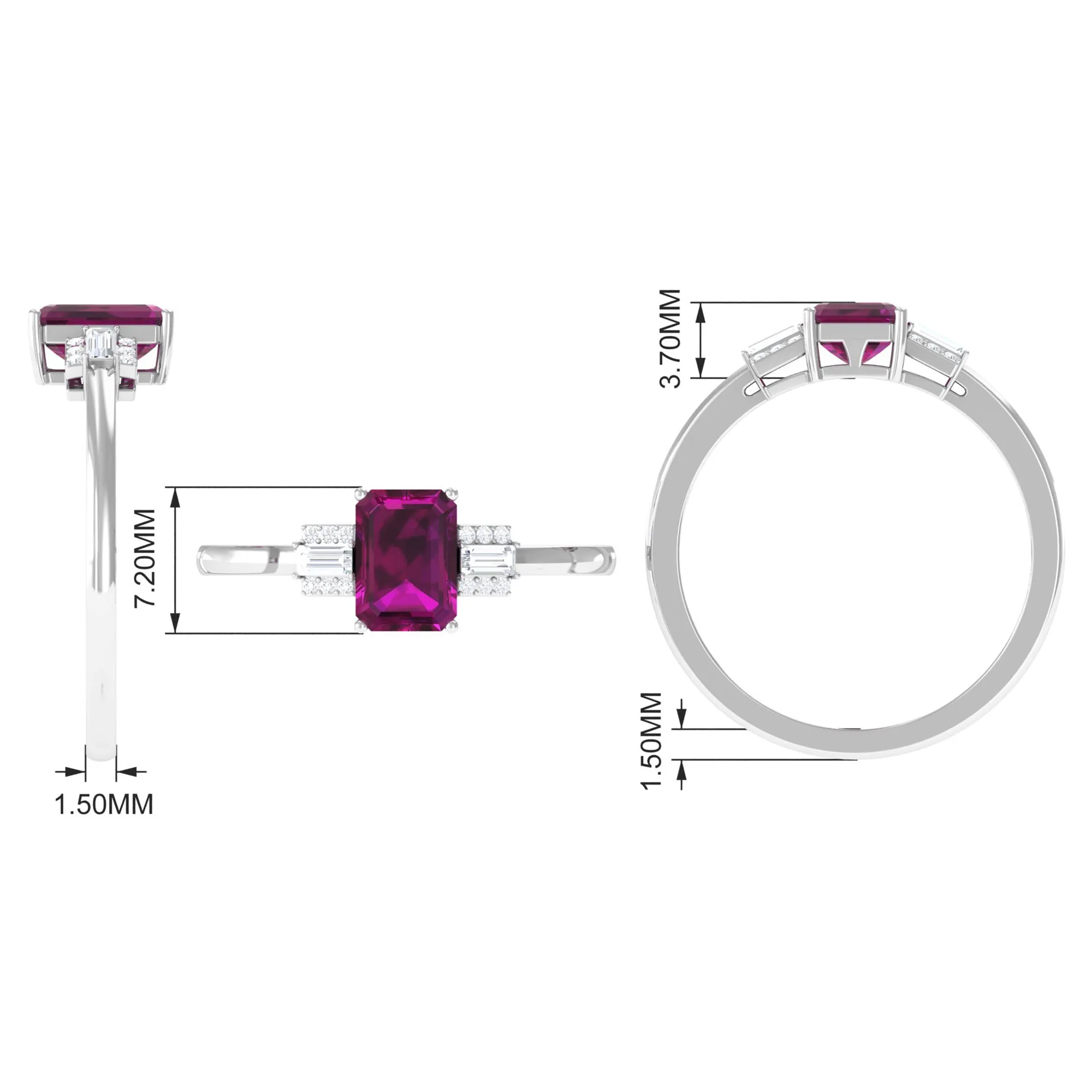 1.50 CT Emerald Cut Rhodolite Solitaire Ring with Diamond