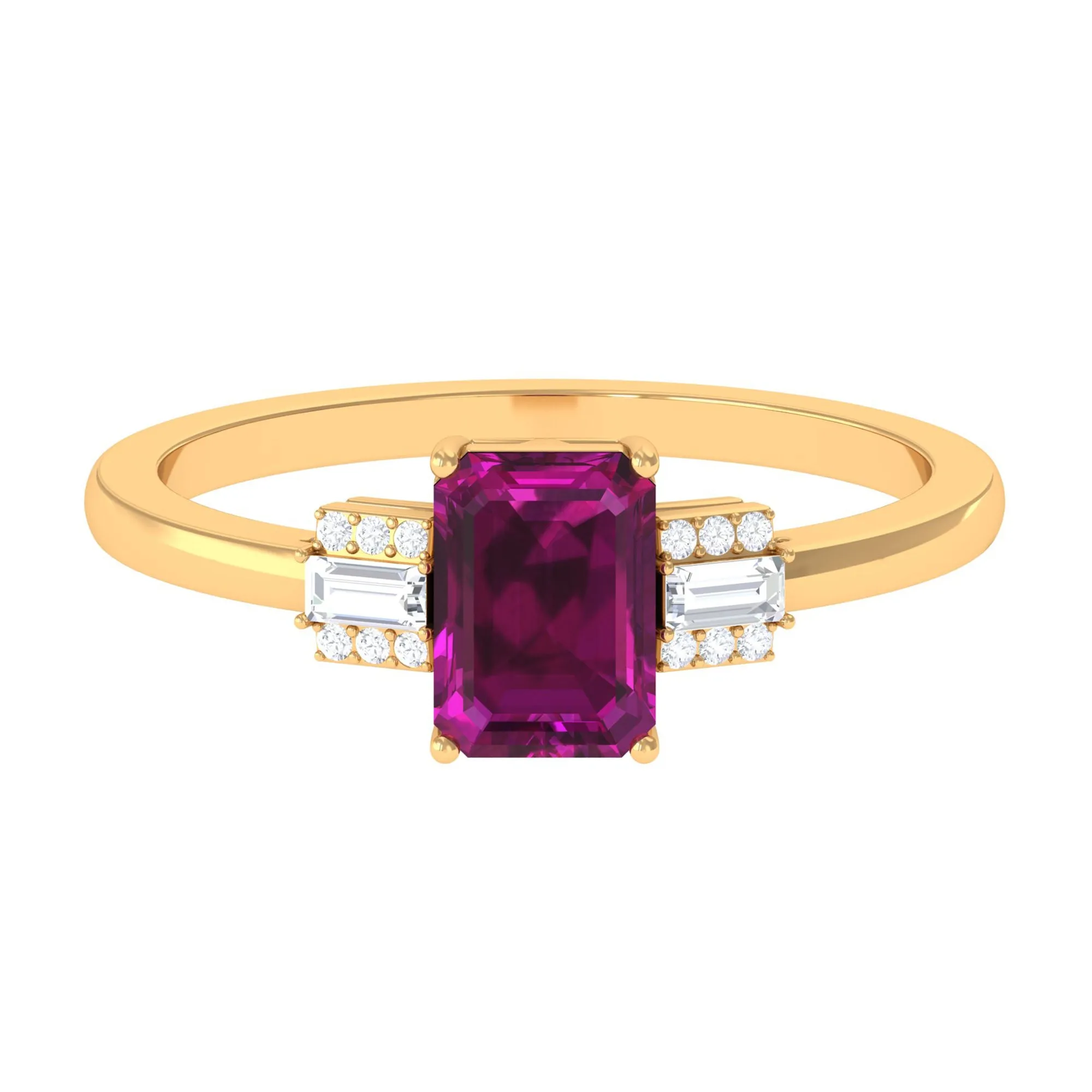 1.50 CT Emerald Cut Rhodolite Solitaire Ring with Diamond