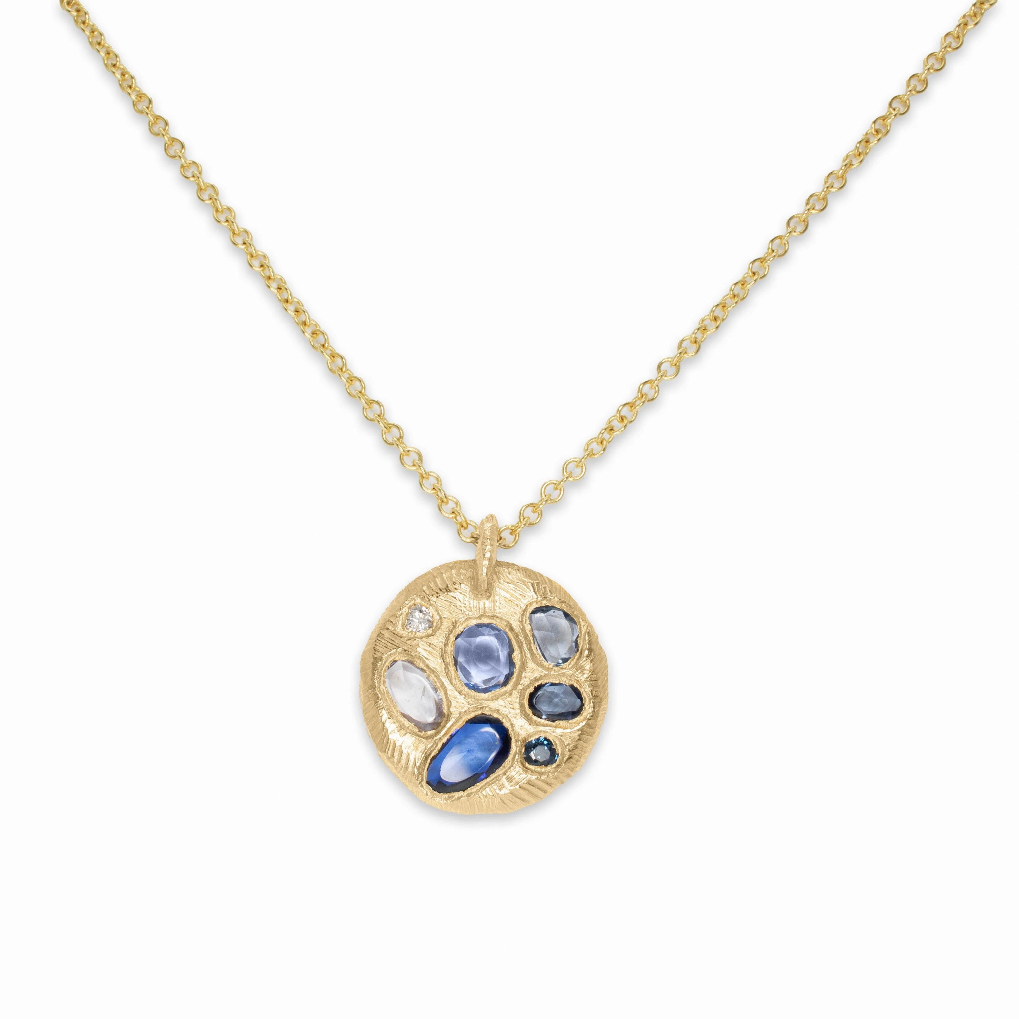 18K Round Mosaic Tablet Necklace in Blue Sapphires