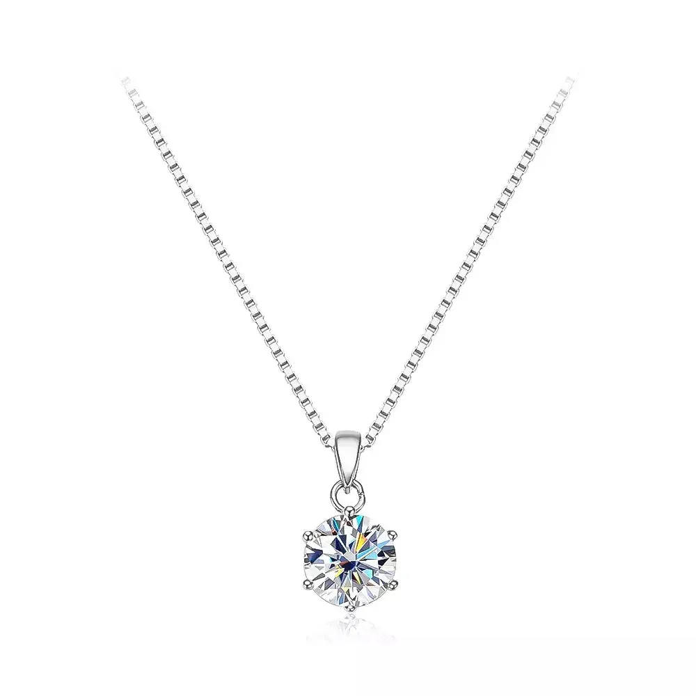 18K WHITE, YELLOW, ROSE GOLD PLATED SILVER MOISSANITE PENDANT NECKLACE 1CT, SINGLE BAIL LINK, BOX CHAIN