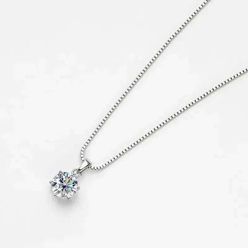 18K WHITE, YELLOW, ROSE GOLD PLATED SILVER MOISSANITE PENDANT NECKLACE 1CT, SINGLE BAIL LINK, BOX CHAIN