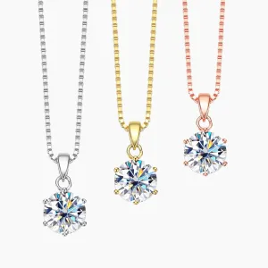 18K WHITE, YELLOW, ROSE GOLD PLATED SILVER MOISSANITE PENDANT NECKLACE 1CT, SINGLE BAIL LINK, BOX CHAIN