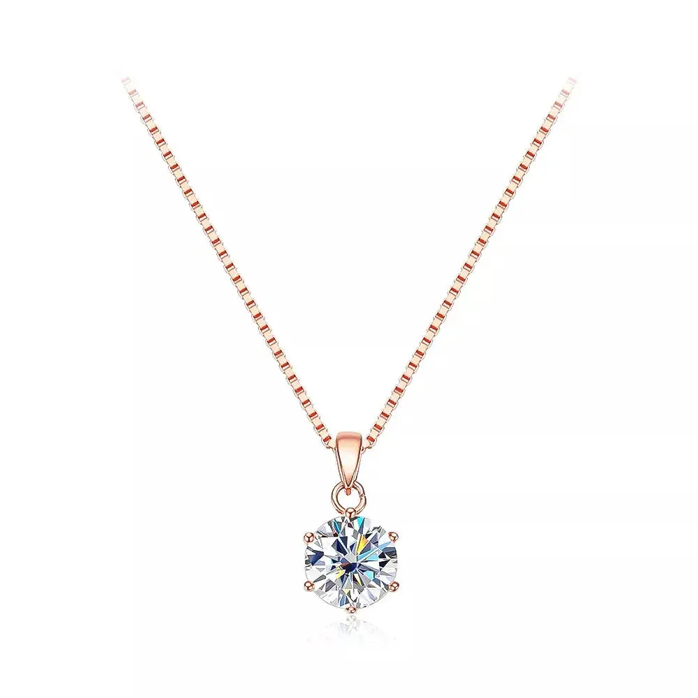 18K WHITE, YELLOW, ROSE GOLD PLATED SILVER MOISSANITE PENDANT NECKLACE 1CT, SINGLE BAIL LINK, BOX CHAIN