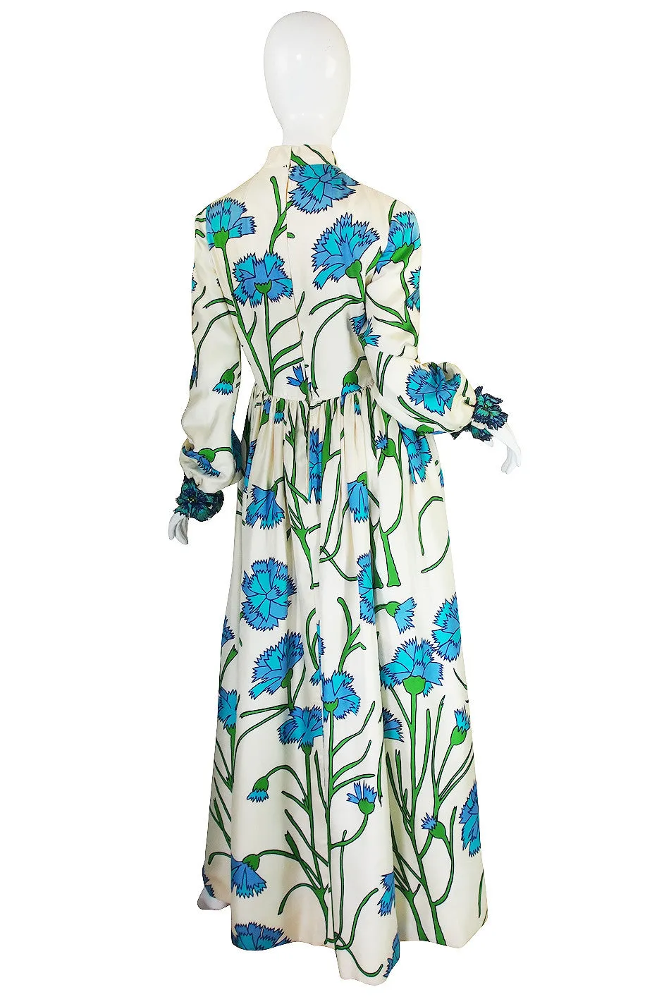 1960s Blue Floral Printed George Halley Silk Gown