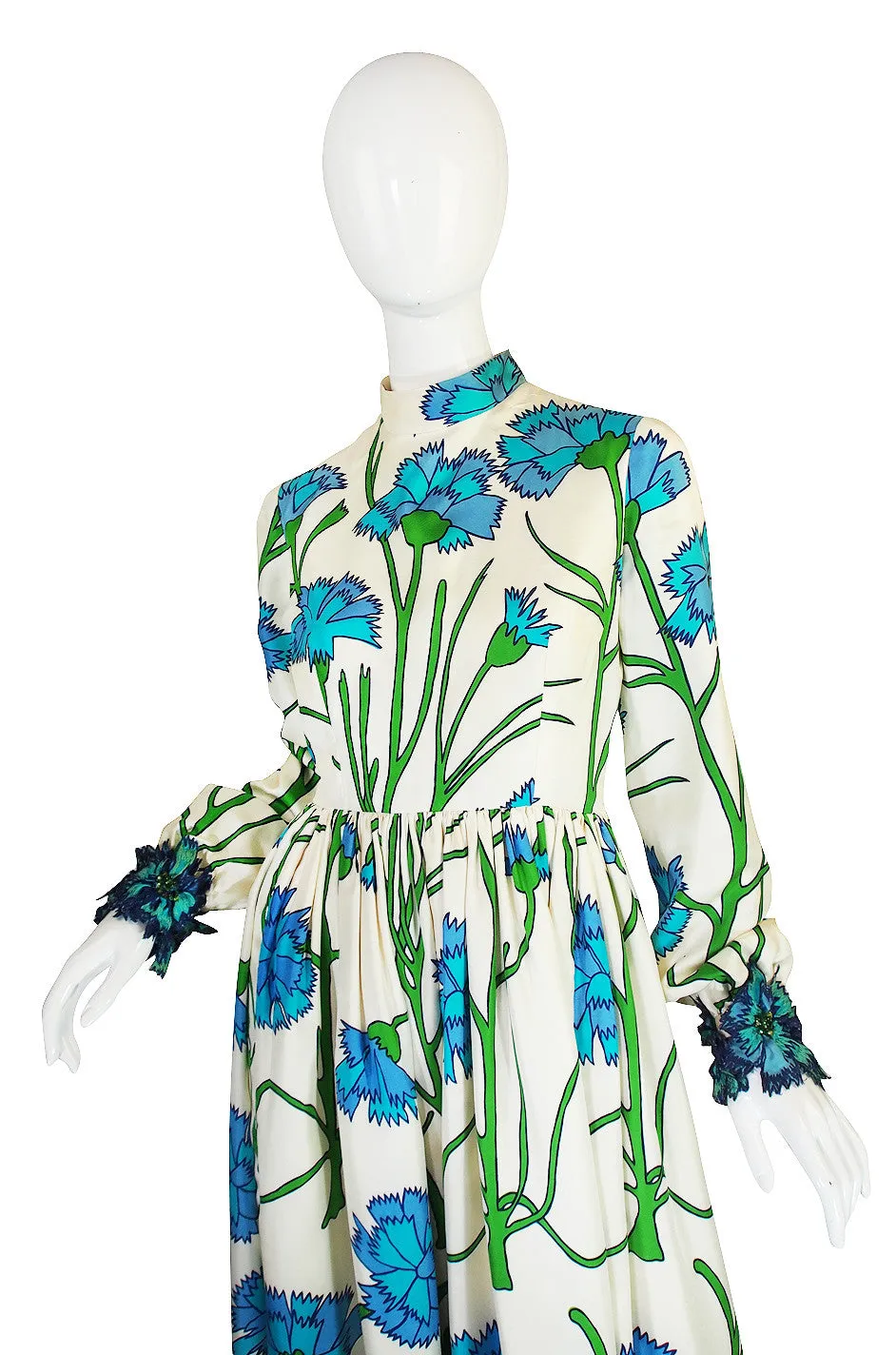 1960s Blue Floral Printed George Halley Silk Gown