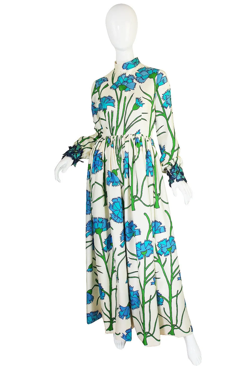 1960s Blue Floral Printed George Halley Silk Gown