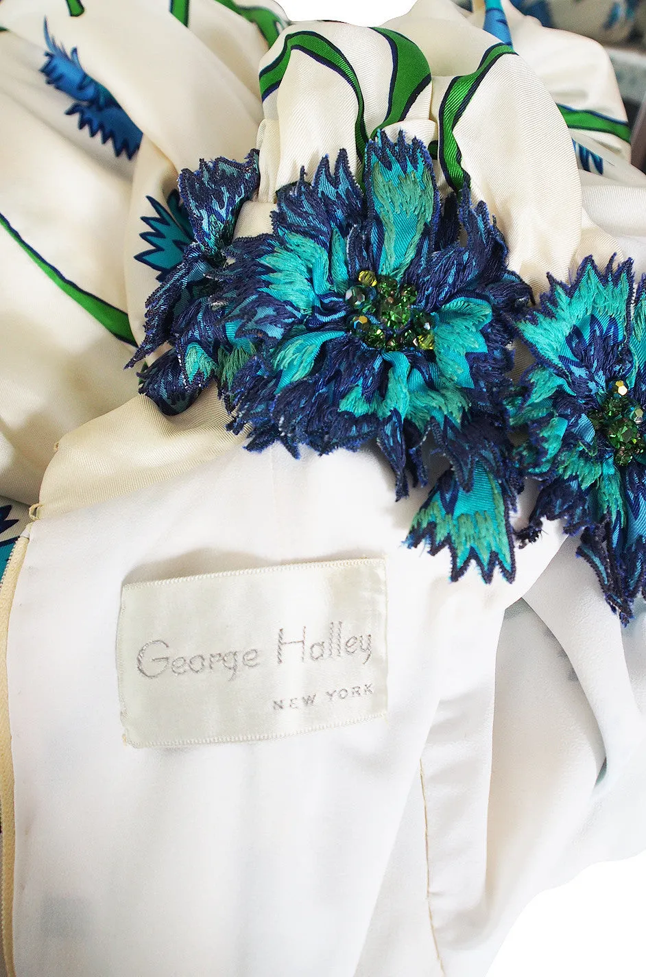 1960s Blue Floral Printed George Halley Silk Gown