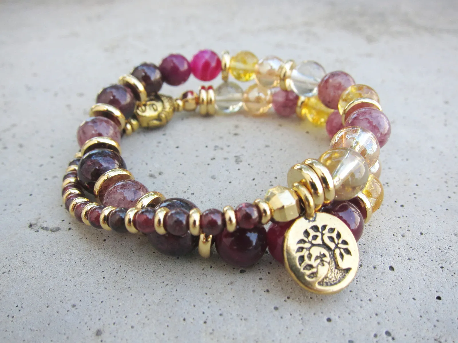 27 Bead Mala Bracelet in Red Garnet, Lepidolite, Aura Angel Quartz and Citrine Quartz