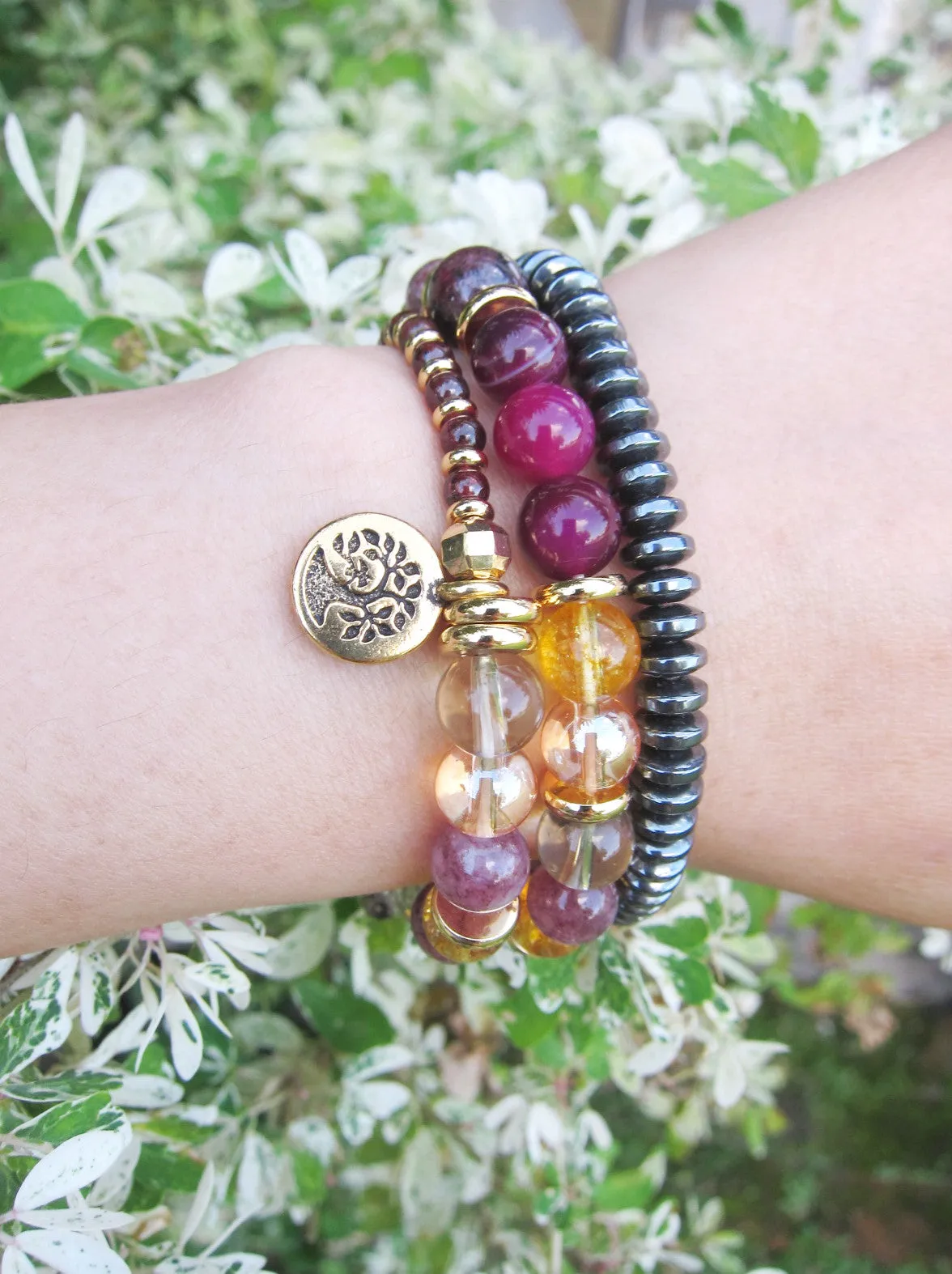 27 Bead Mala Bracelet in Red Garnet, Lepidolite, Aura Angel Quartz and Citrine Quartz