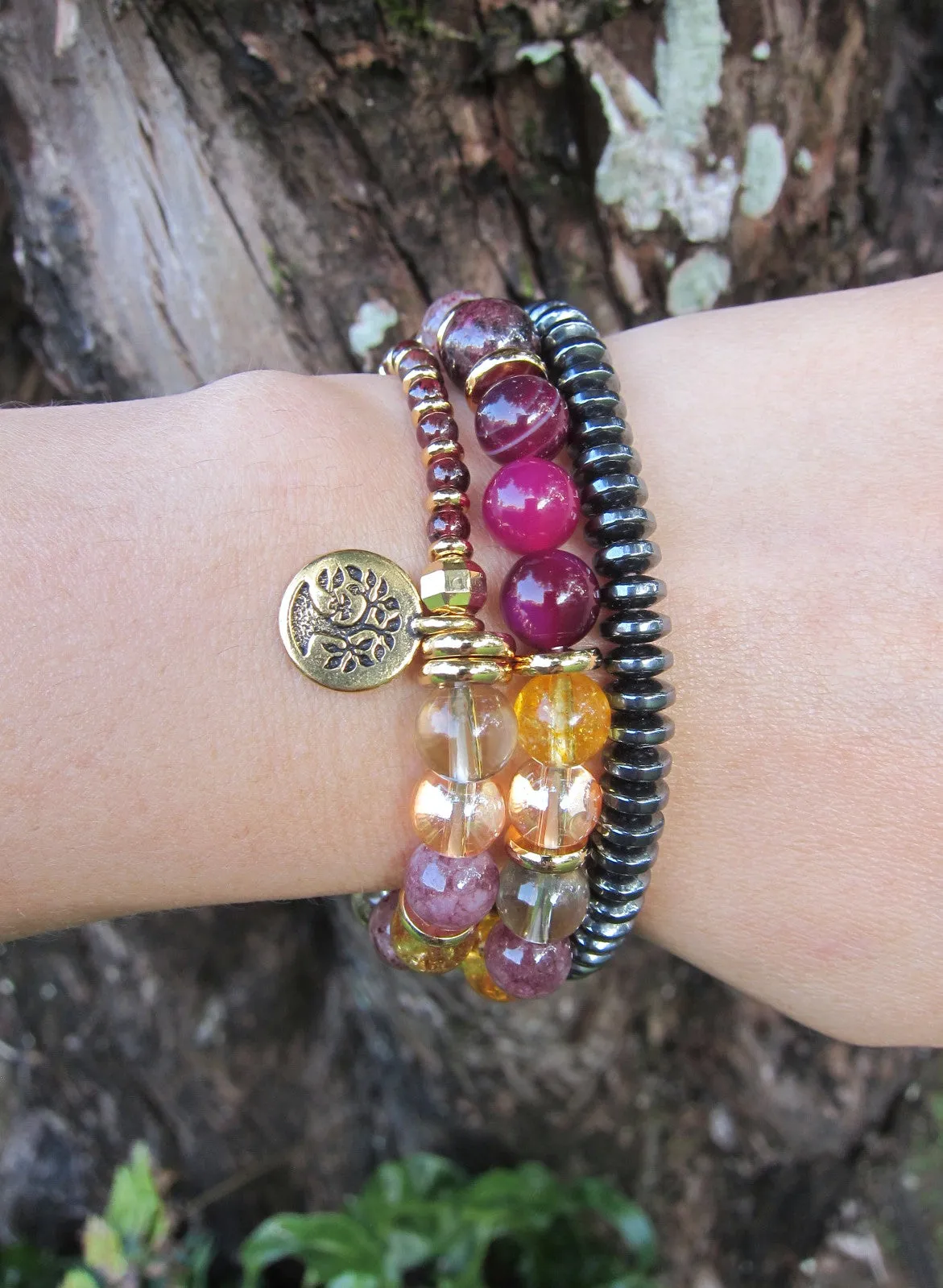 27 Bead Mala Bracelet in Red Garnet, Lepidolite, Aura Angel Quartz and Citrine Quartz