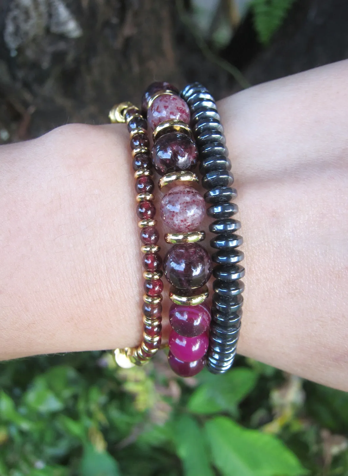 27 Bead Mala Bracelet in Red Garnet, Lepidolite, Aura Angel Quartz and Citrine Quartz