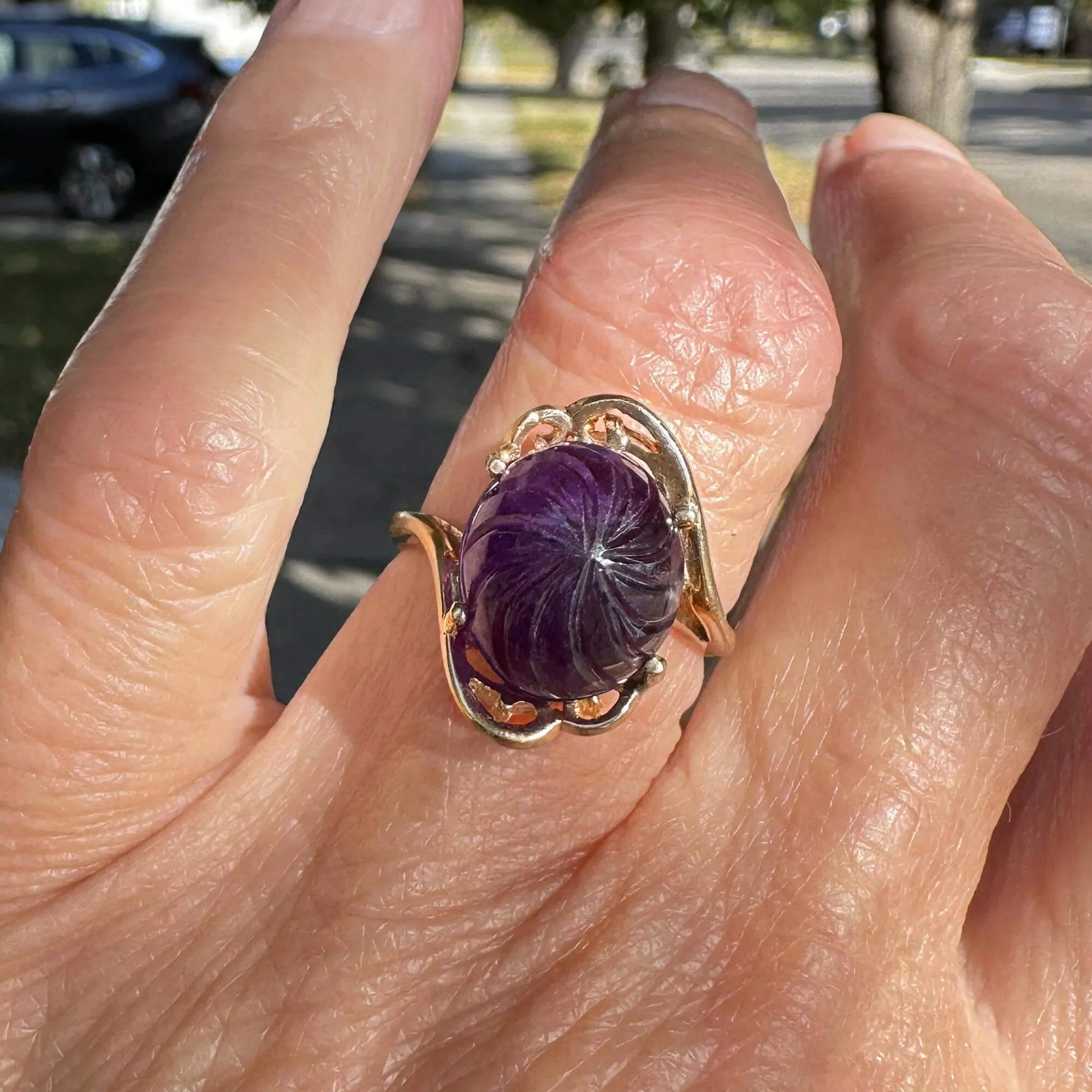 3rd Payment Fancy Cut Carved Amethyst Cabochon Ring in Gold