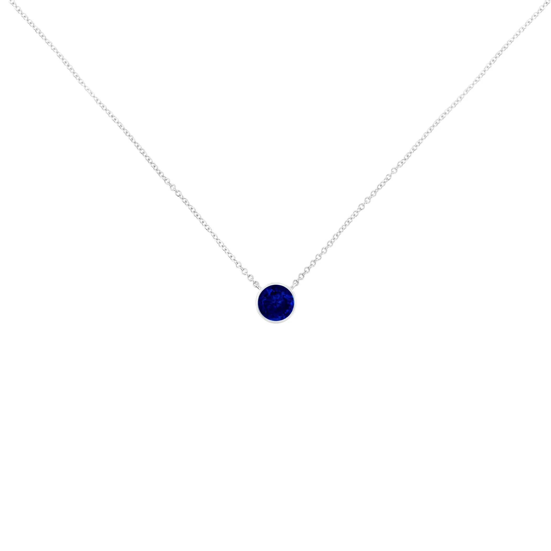 .925 Sterling Silver 2.5mm Lab Grown Cobalt Blue Sapphire Solitaire Bezel Necklace