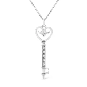 .925 Sterling Silver Pave and Bezel-Set Diamond Accent Key 18" Heart and Lock Pendant Necklace (K-L Color, I1-I2 Clarity)