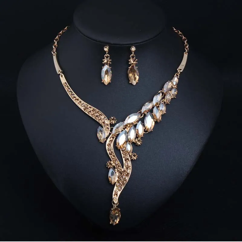 American fashion simple crystal gem necklace earrings set