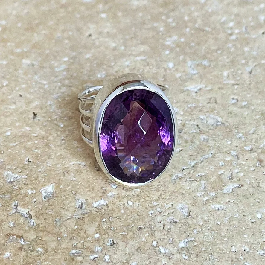 Amethyst Oval Rose Cut Ring - Lila