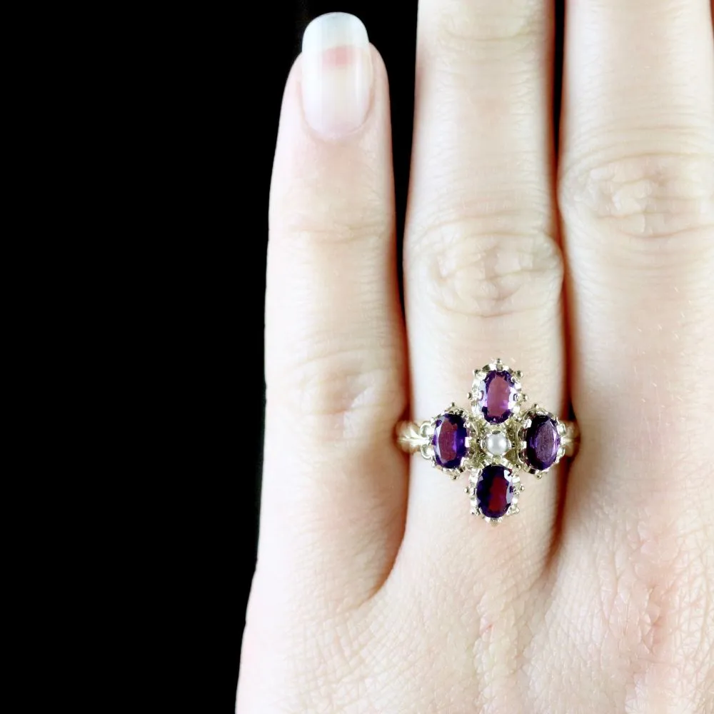 Amethyst Pearl Gold Cluster Ring