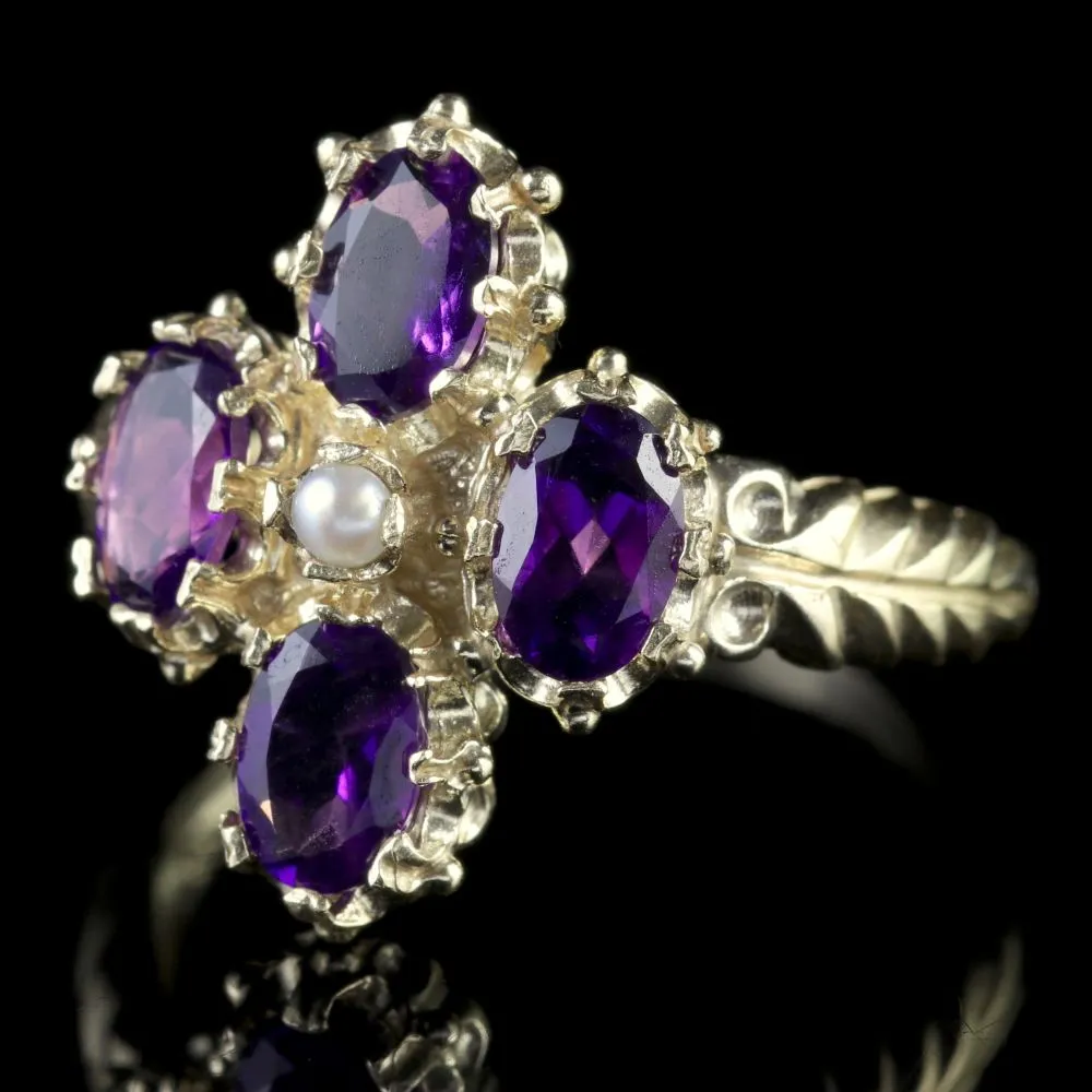 Amethyst Pearl Gold Cluster Ring