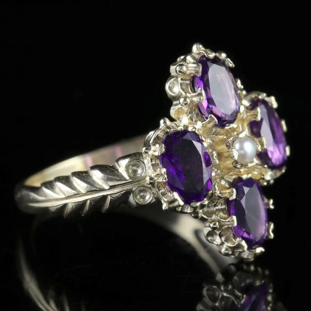 Amethyst Pearl Gold Cluster Ring