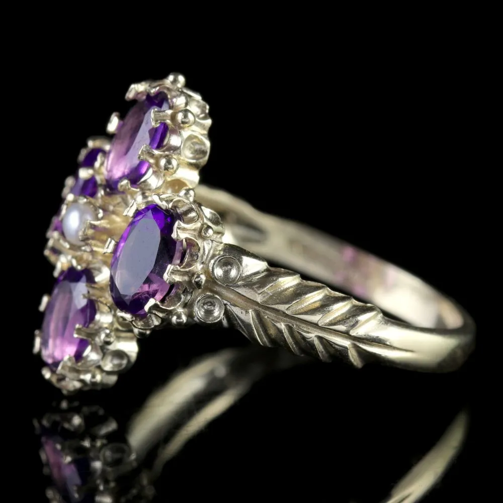 Amethyst Pearl Gold Cluster Ring