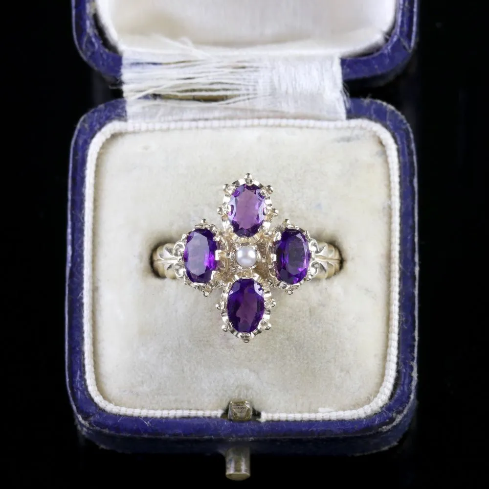 Amethyst Pearl Gold Cluster Ring