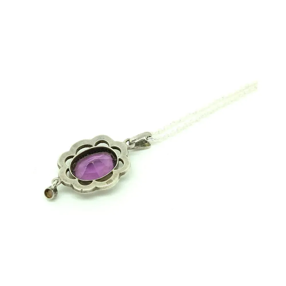 Antique Edwardian 1910 Amethyst Glass Sterling Silver Necklace