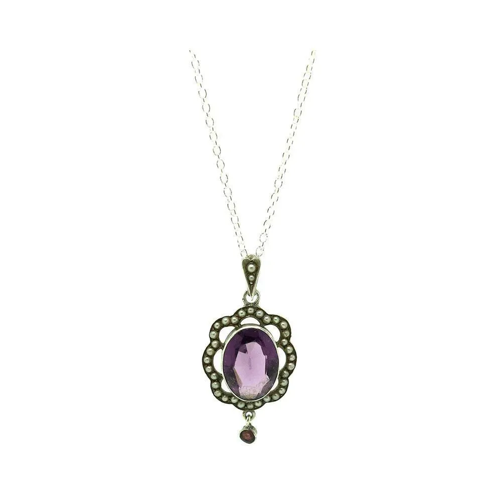 Antique Edwardian 1910 Amethyst Glass Sterling Silver Necklace