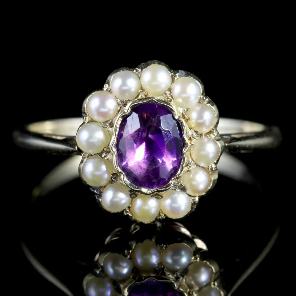 Antique Victorian Amethyst Pearl Cluster Ring 18Ct Gold Circa 1900