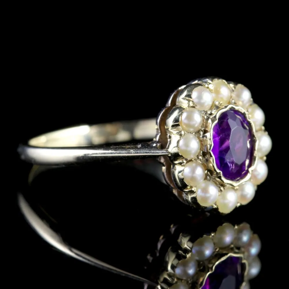 Antique Victorian Amethyst Pearl Cluster Ring 18Ct Gold Circa 1900