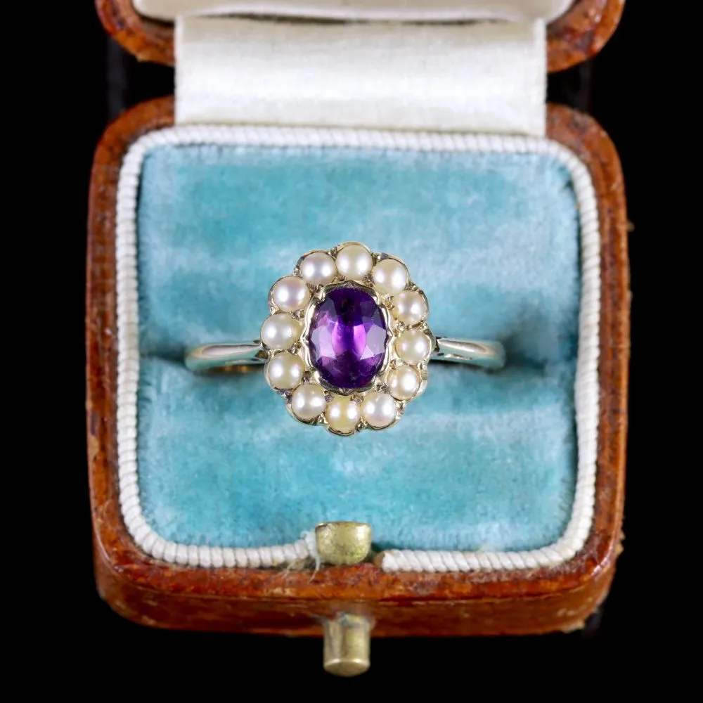 Antique Victorian Amethyst Pearl Cluster Ring 18Ct Gold Circa 1900