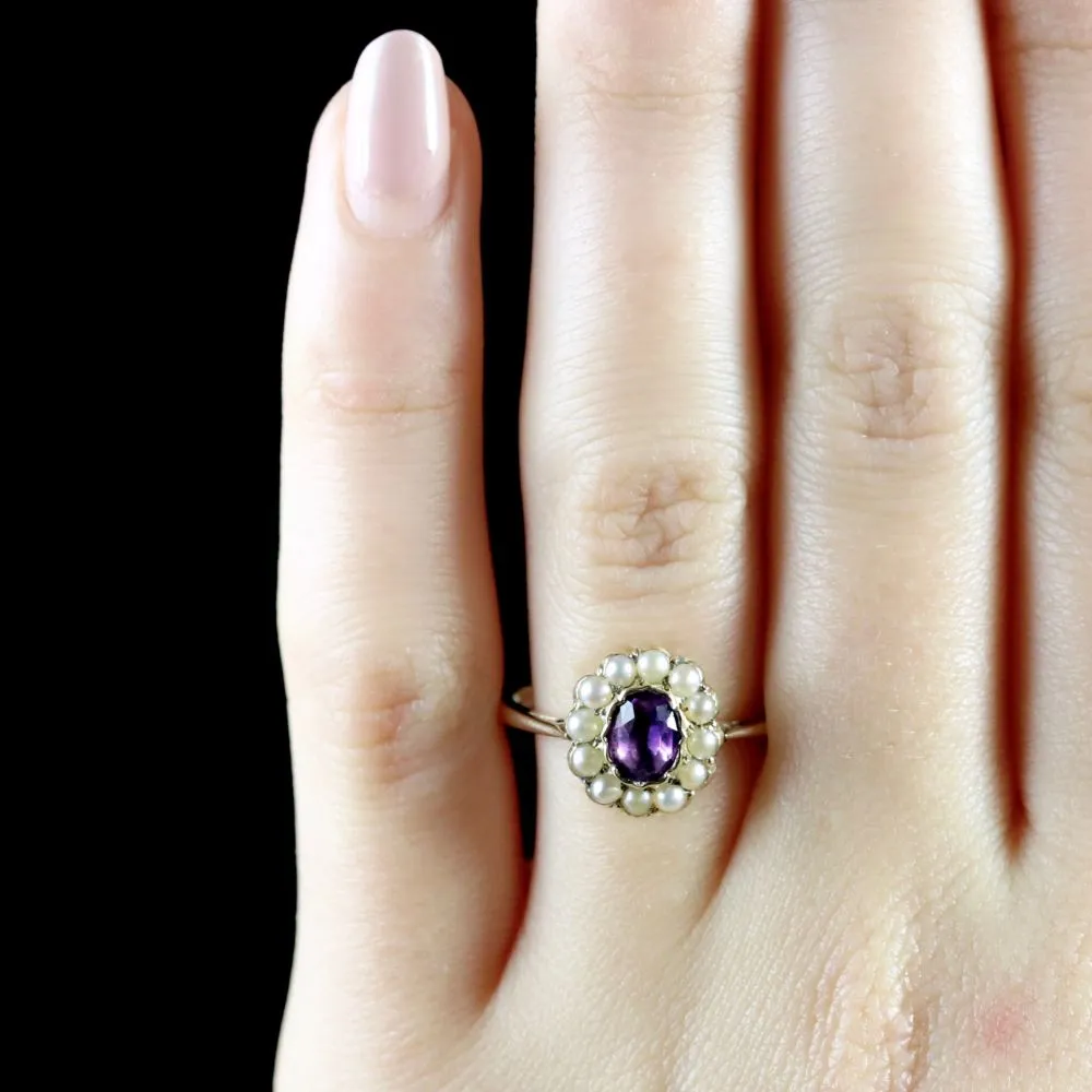 Antique Victorian Amethyst Pearl Cluster Ring 18Ct Gold Circa 1900