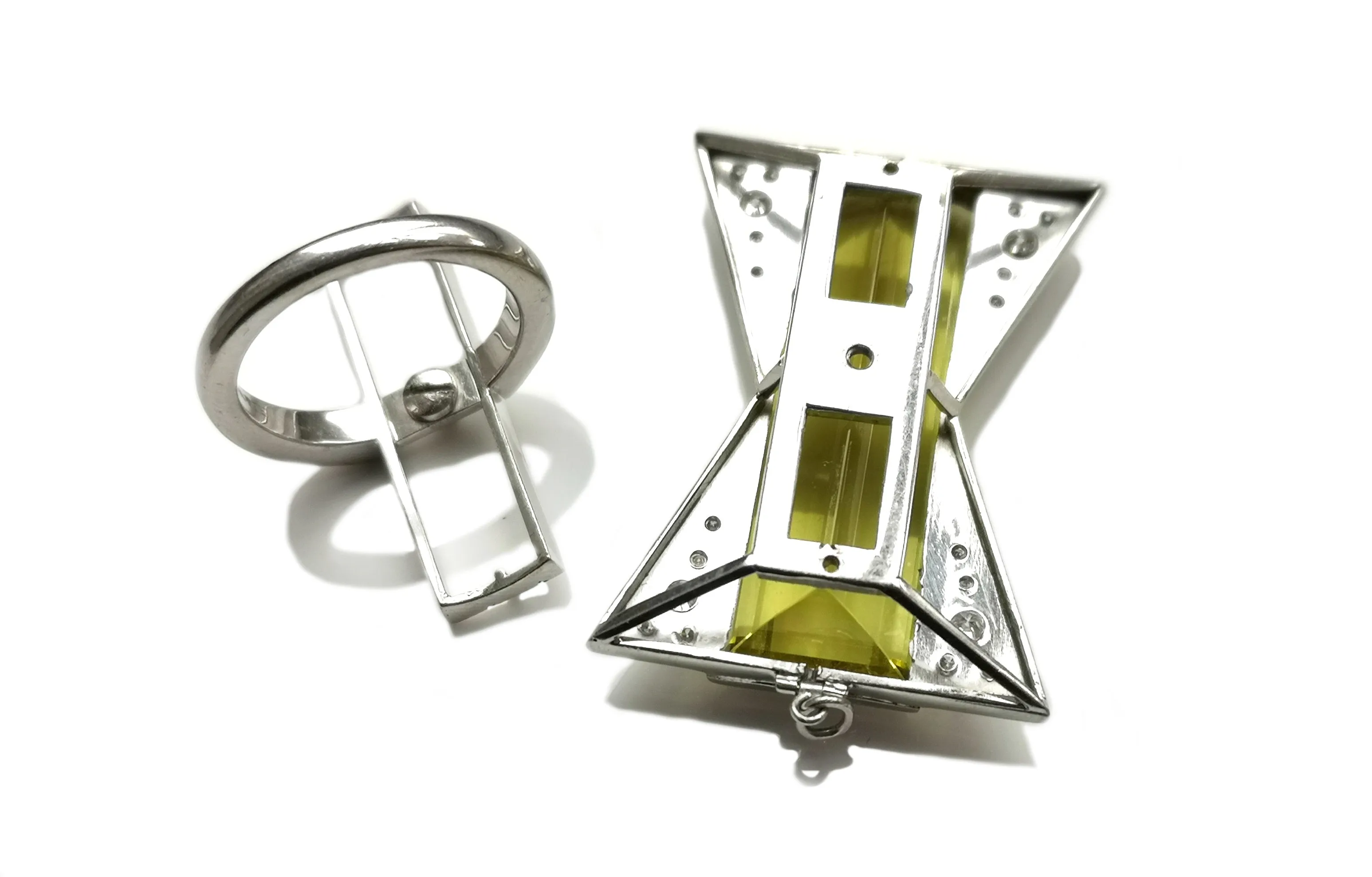 Art Deco Style 37.16ct Heliodor Yellow Beryl & 0.5ct Diamond Transformation Ring / Pendant in 18k White Gold