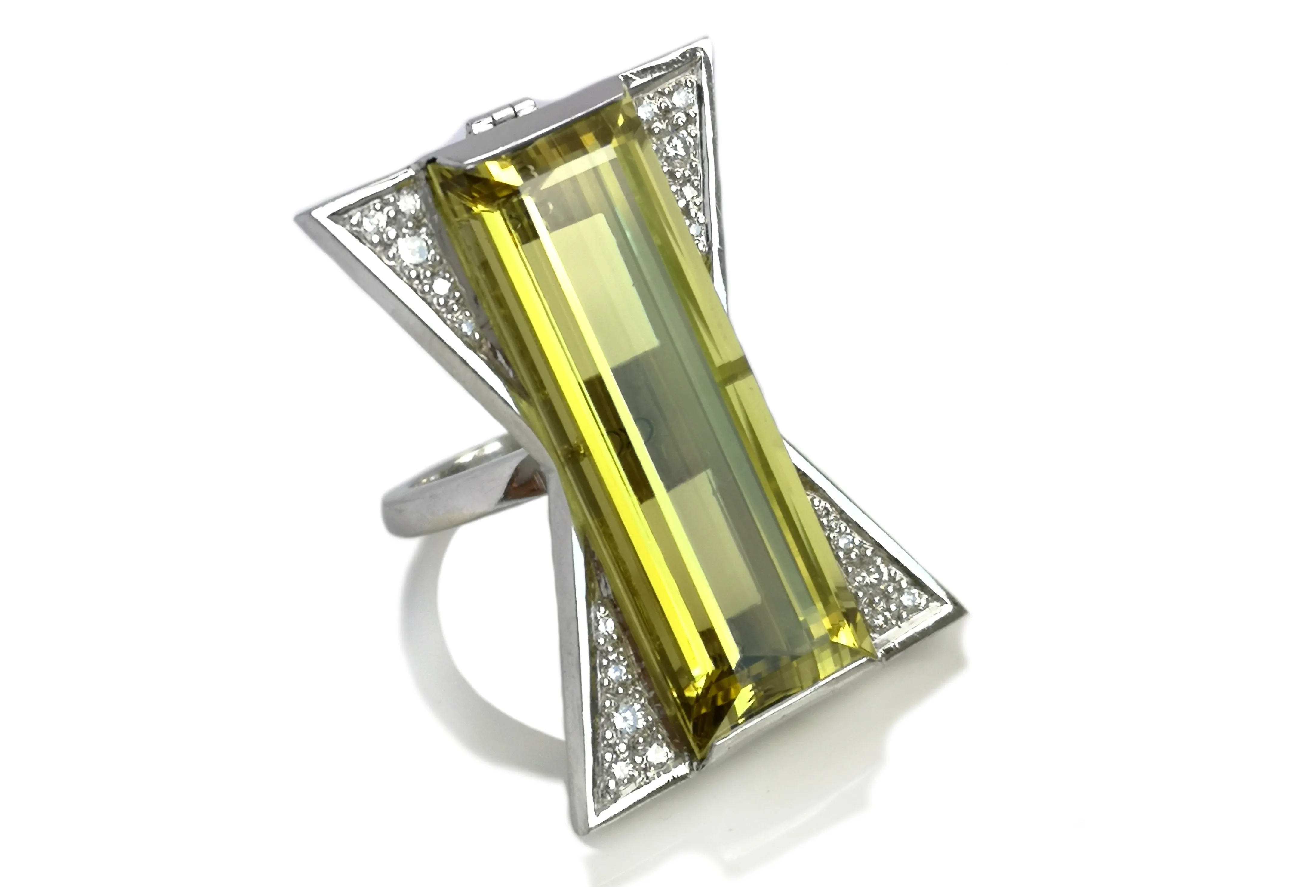 Art Deco Style 37.16ct Heliodor Yellow Beryl & 0.5ct Diamond Transformation Ring / Pendant in 18k White Gold