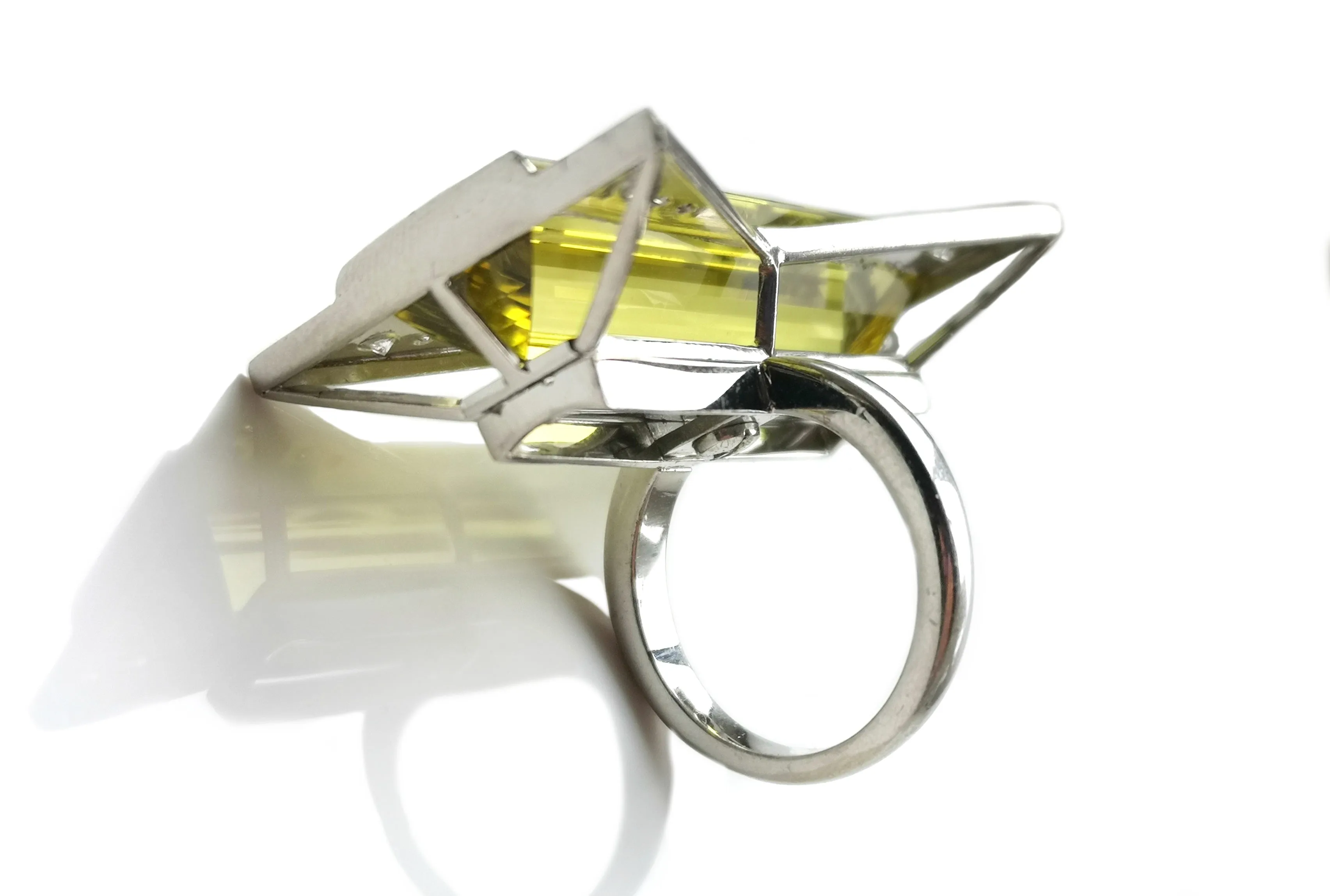 Art Deco Style 37.16ct Heliodor Yellow Beryl & 0.5ct Diamond Transformation Ring / Pendant in 18k White Gold