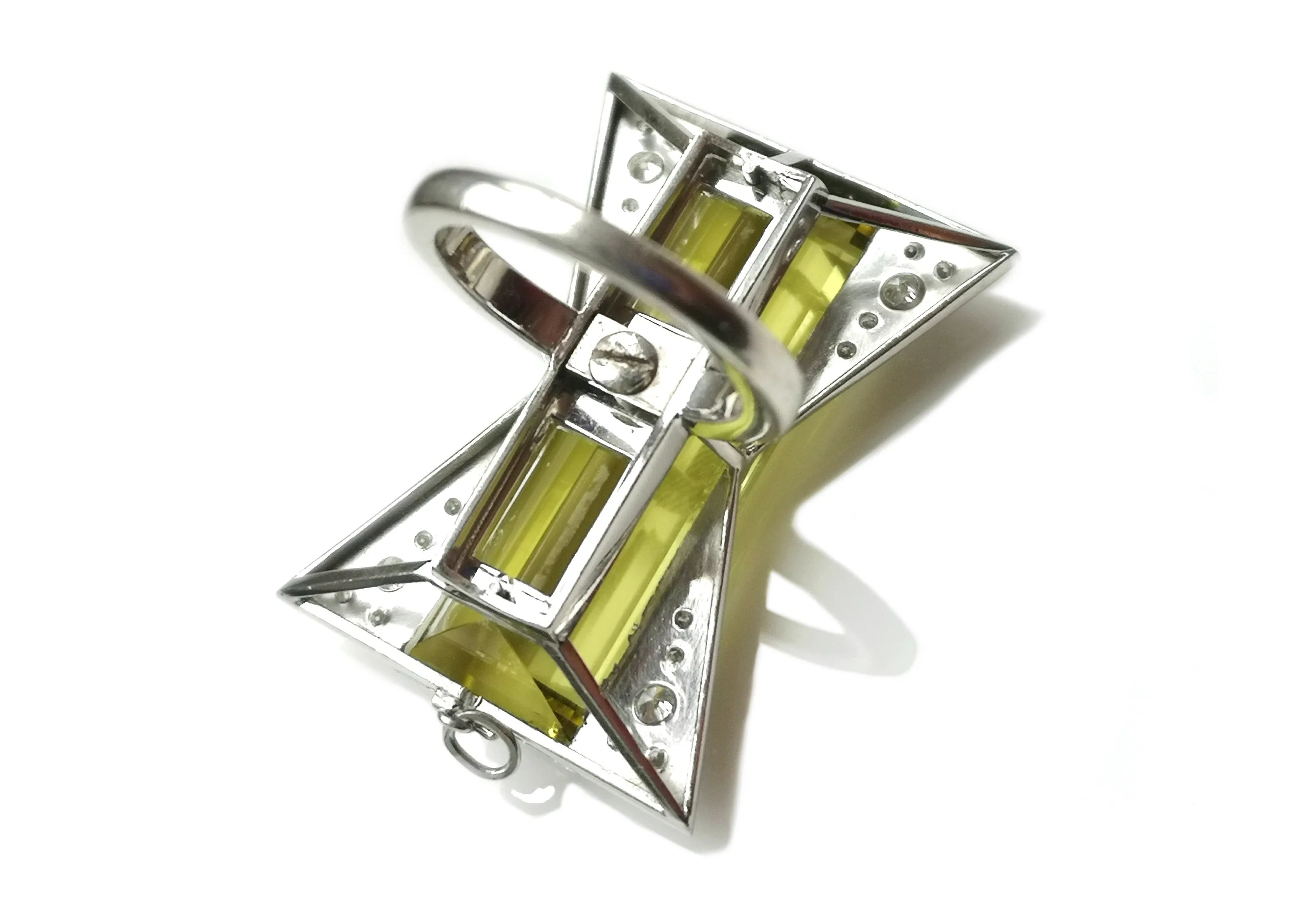 Art Deco Style 37.16ct Heliodor Yellow Beryl & 0.5ct Diamond Transformation Ring / Pendant in 18k White Gold