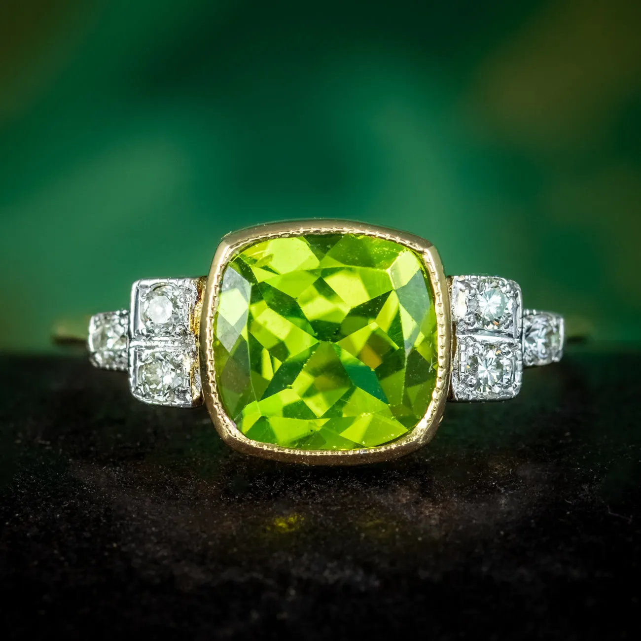 Art Deco Style Peridot Diamond Ring 2.2ct Peridot