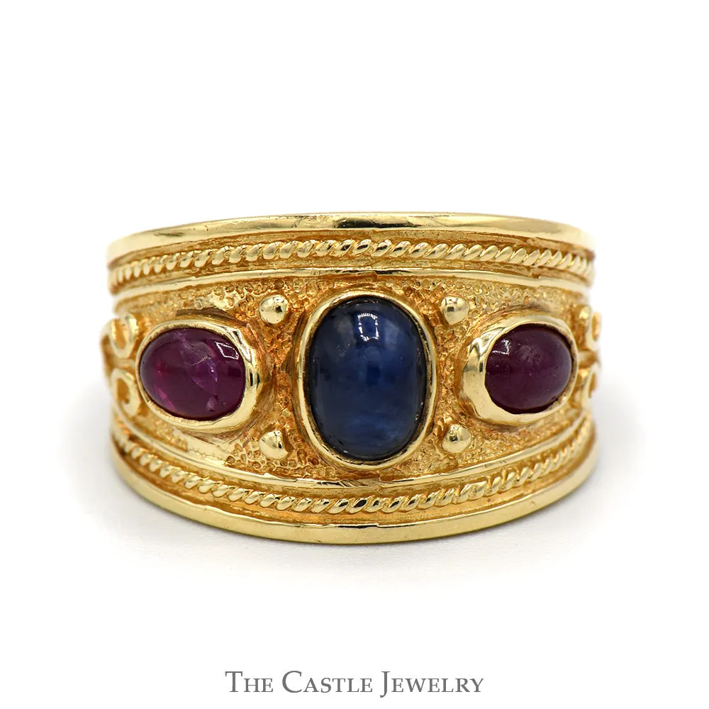 Bezel Set Cabochon Sapphire and Ruby Band with Engraved Ornate Detailing in 10k Yellow Gold